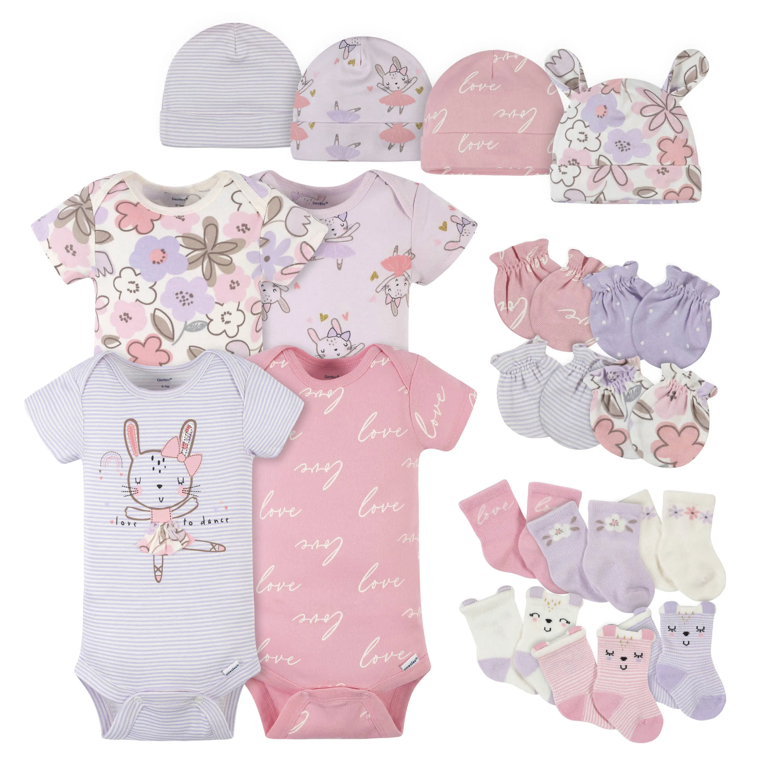 18-Piece Baby Girls Bunny Ballerina Onesies Bodysuit, Mitten, Cap, & Sock Set