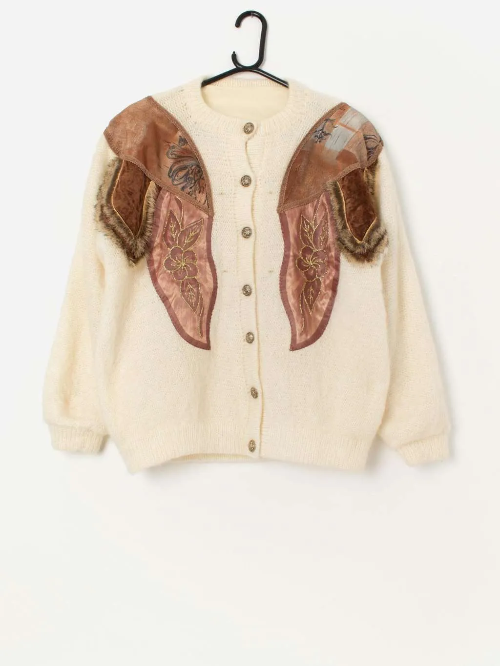 80s vintage cream mohair knitted appliqué cardigan – Medium / Large