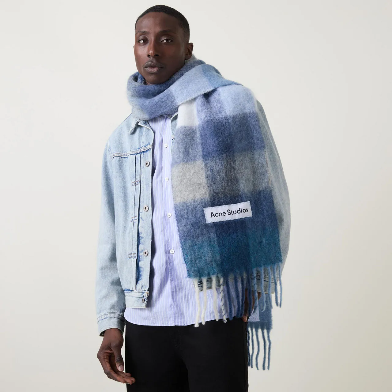 ACNE STUDIOS The Sustainable Edit Reverse Check Logo Scarf - Indigo  Light Blue