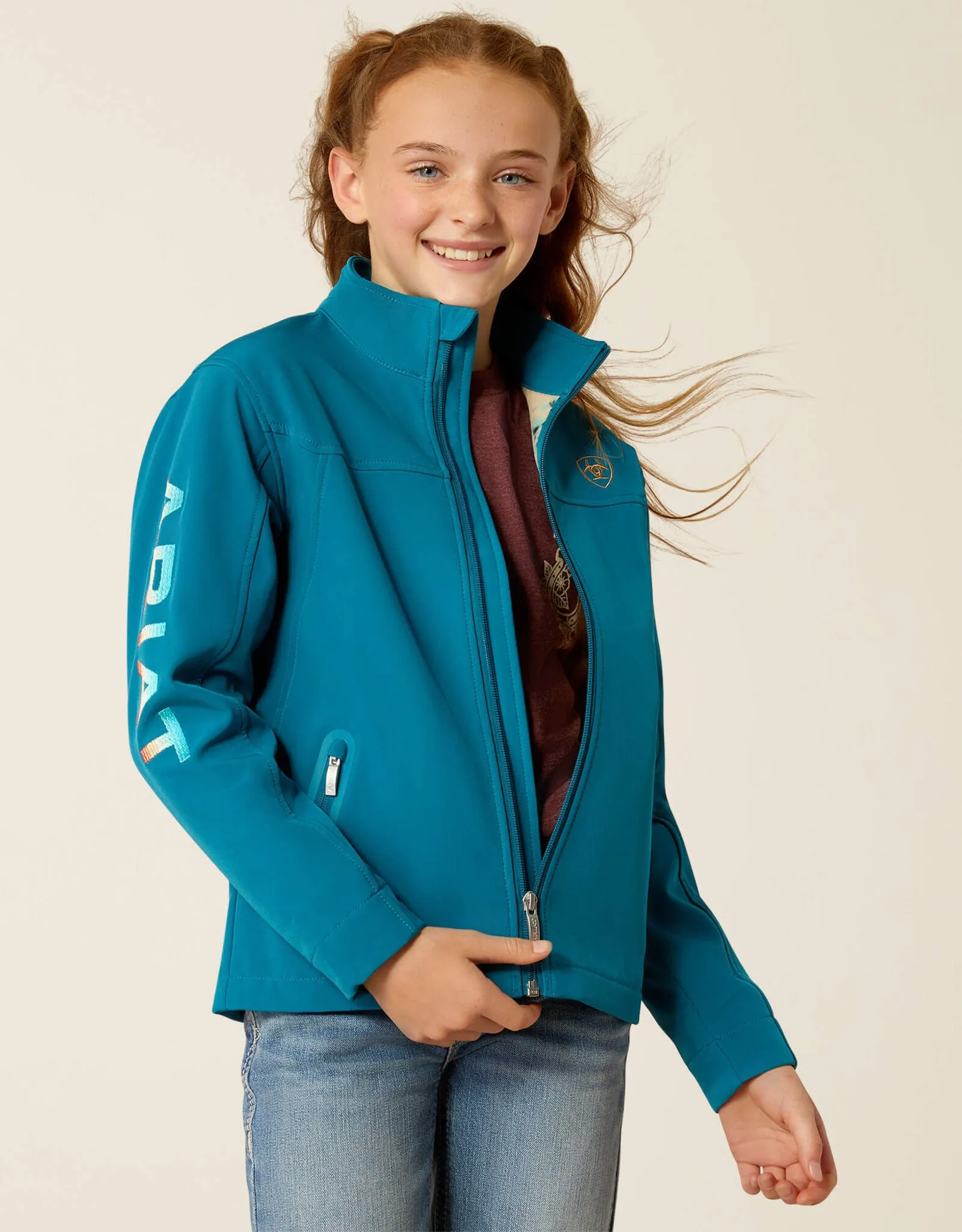 Ariat Girls New Team Turquoise Softshell Western Print Fleece Lined Jacket