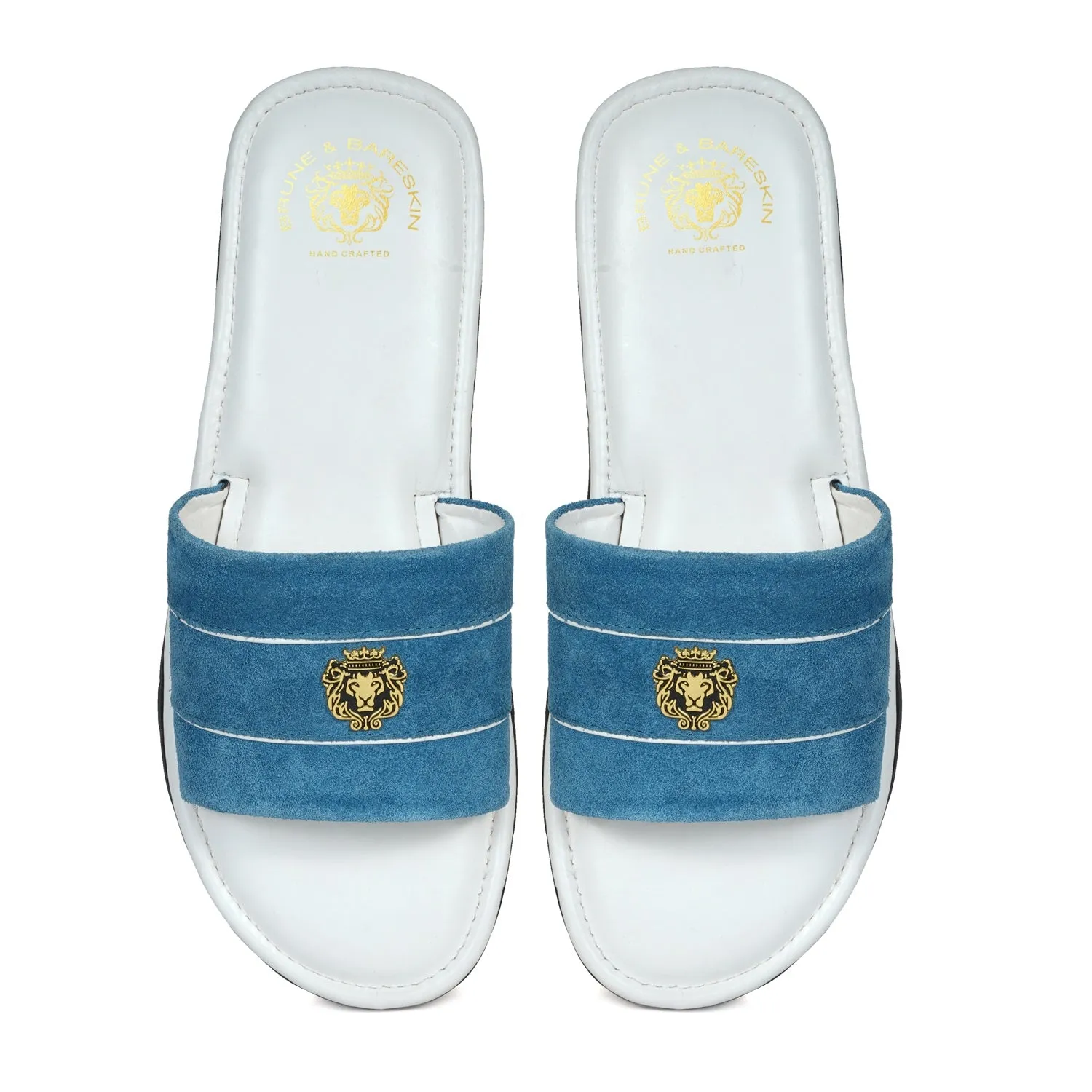 Blue Suede Strap White Leather Slide-in Slippers