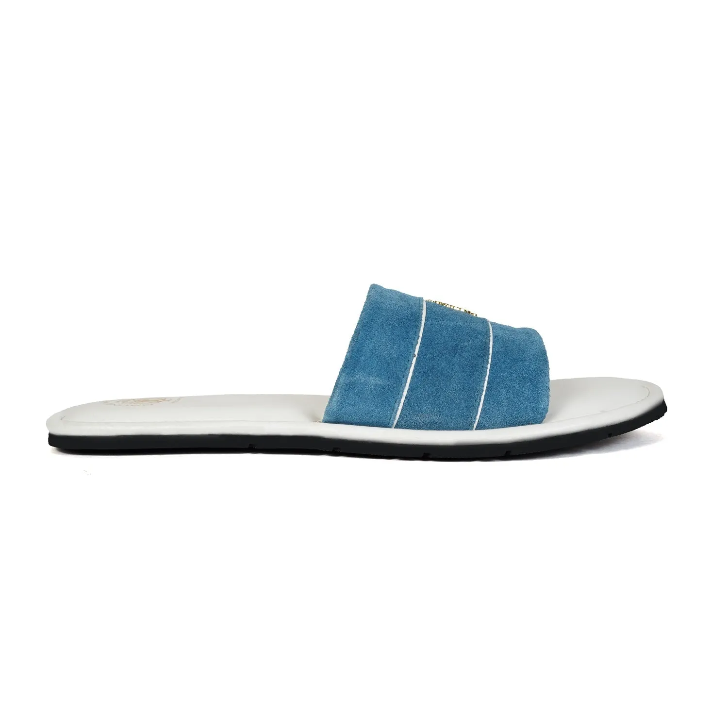 Blue Suede Strap White Leather Slide-in Slippers