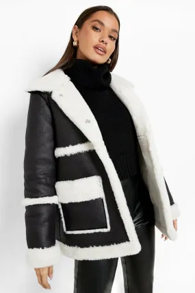 Bonded Faux Fur Trim Aviator Jacket