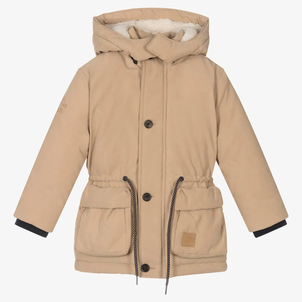 Boys Beige Hooded Parka Coat