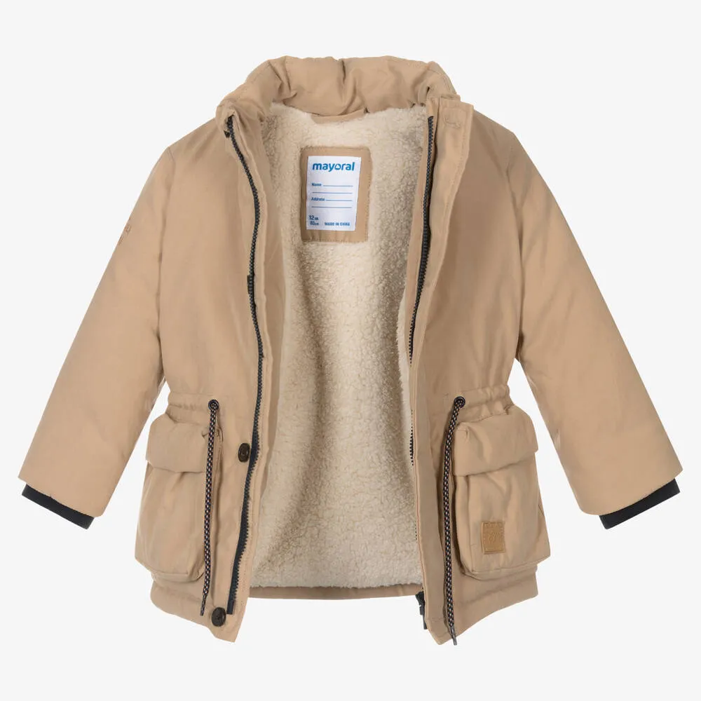 Boys Beige Hooded Parka Coat