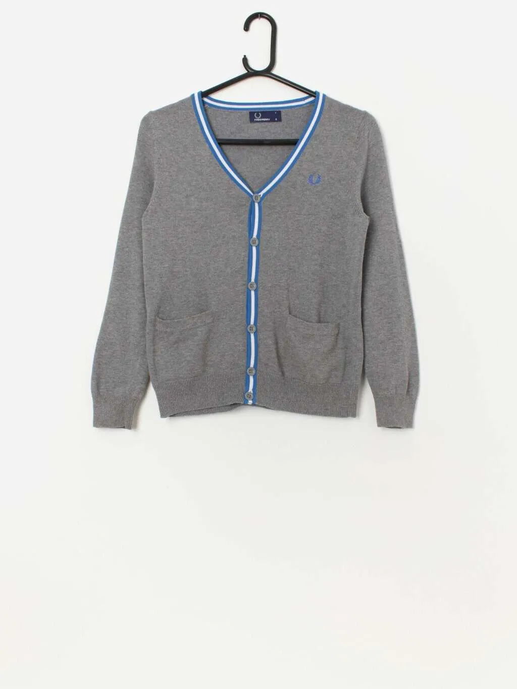 Boys Fred Perry grey cardigan with blue and white trim – Age 7 – 8