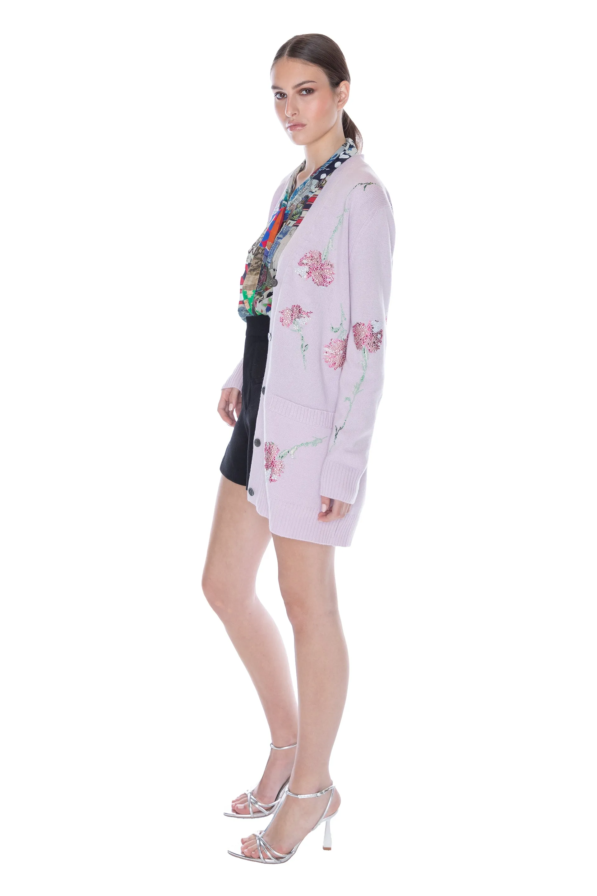 'CECIL BEATON PINK CARNATION' LILAC OVERSIZED CARDIGAN