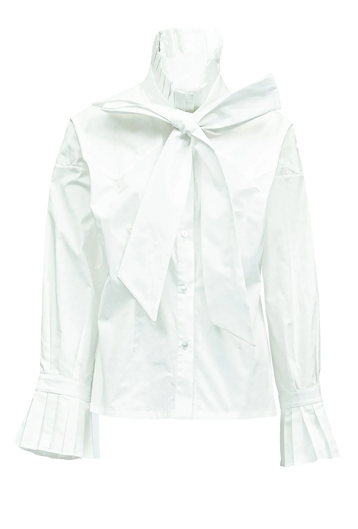 Chelsea - Cotton Blouse W/ Pleated Collar & Long Bow Tie