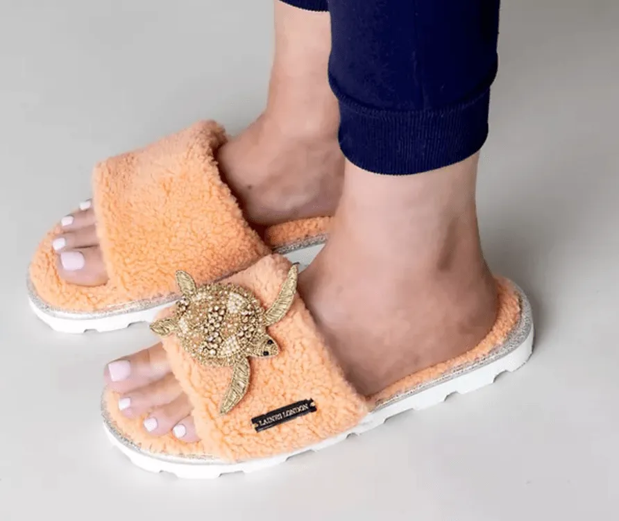 Coral Teddy Toweling Slippers with Gold Turtle