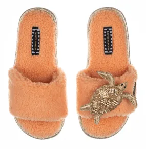 Coral Teddy Toweling Slippers with Gold Turtle