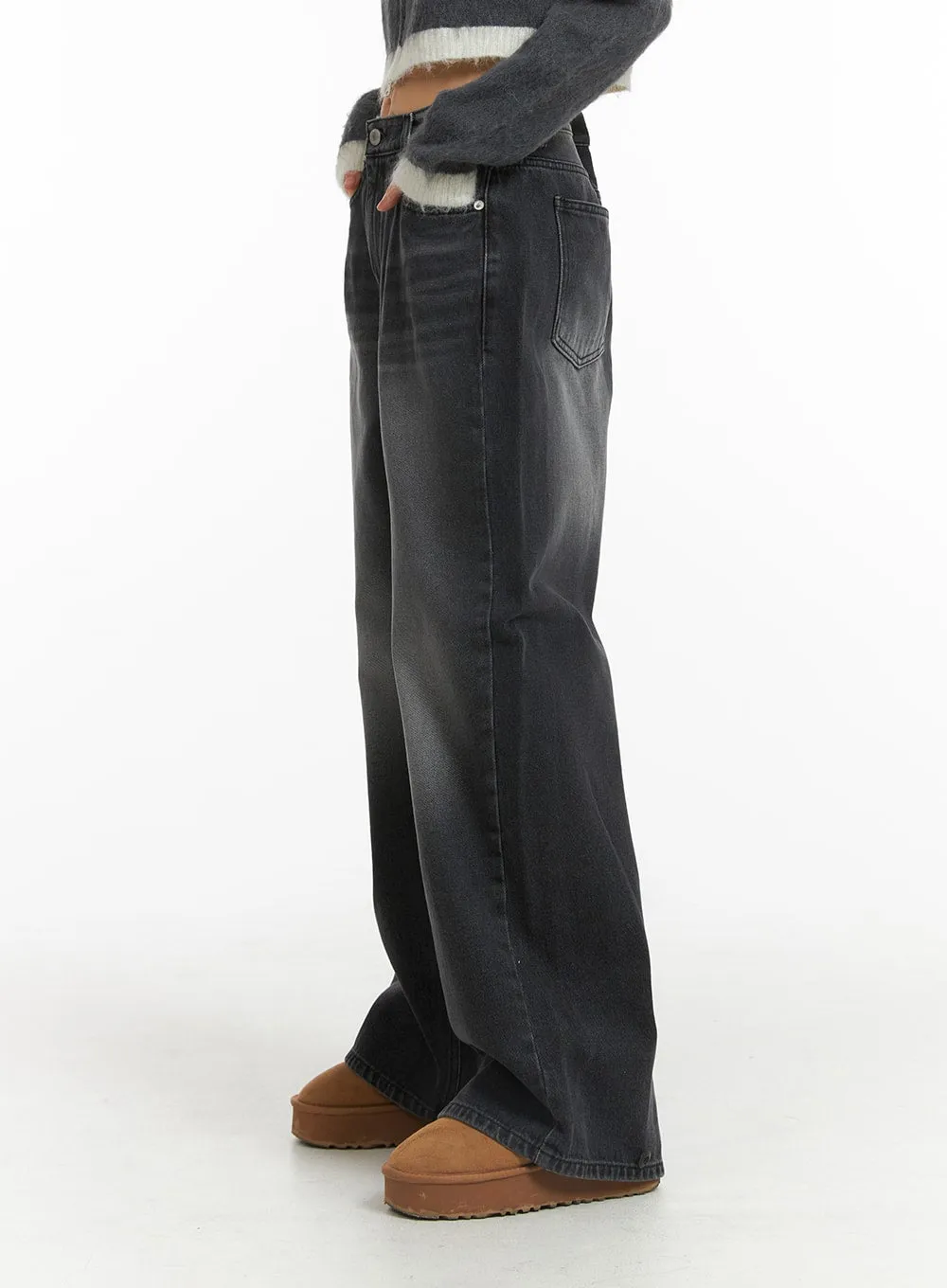 Denim Mid-Waist Pocket Wide Leg Jeans CJ415