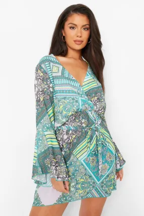 Flute Sleeve Scarf Print Skater Dress