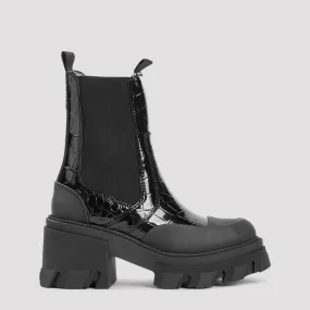 Ganni Cleated Heeled Mid Chelsea Patent Croco Boot