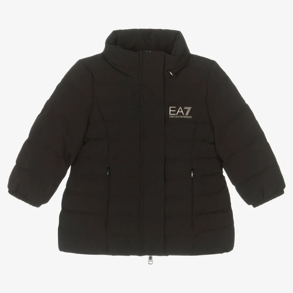 Girls Black Padded Logo Coat