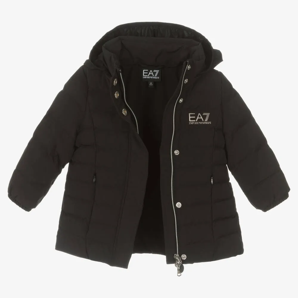 Girls Black Padded Logo Coat