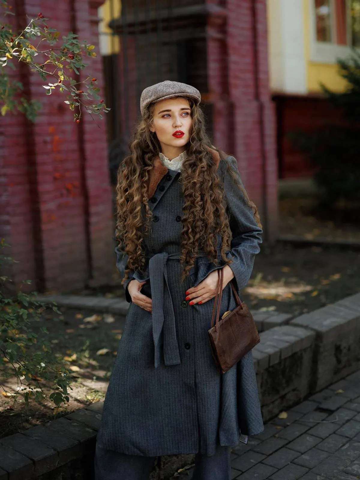 Gray 1930s Faux Fur Lapel Collar Coat