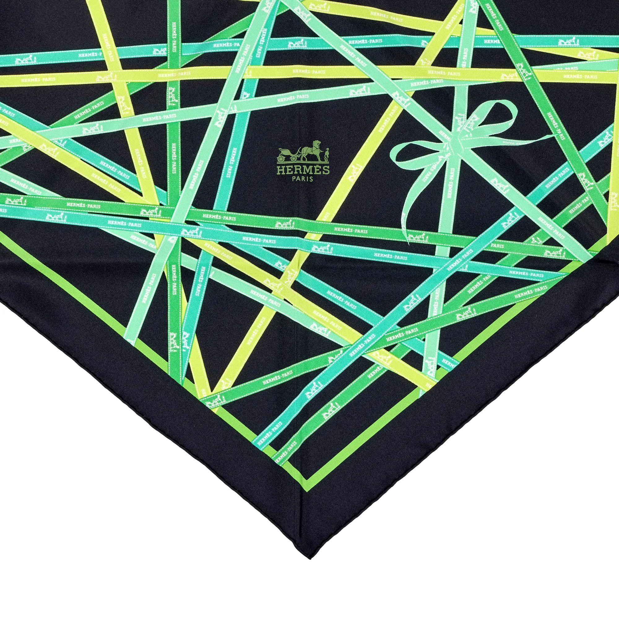 Hermès Black and Green Bolduc Pointu Triangle Silk Scarf