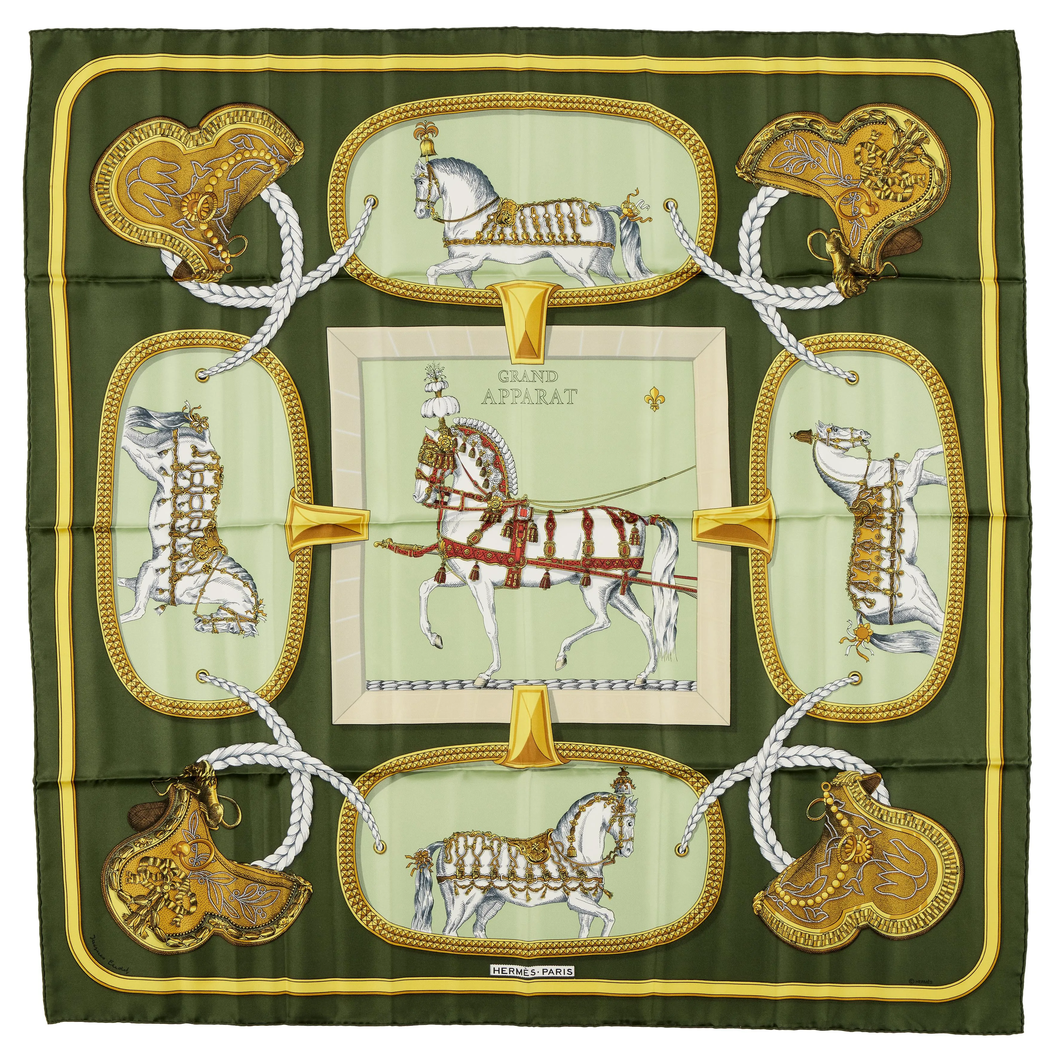 Hermès Green and Gold Grand Apparat Silk Scarf