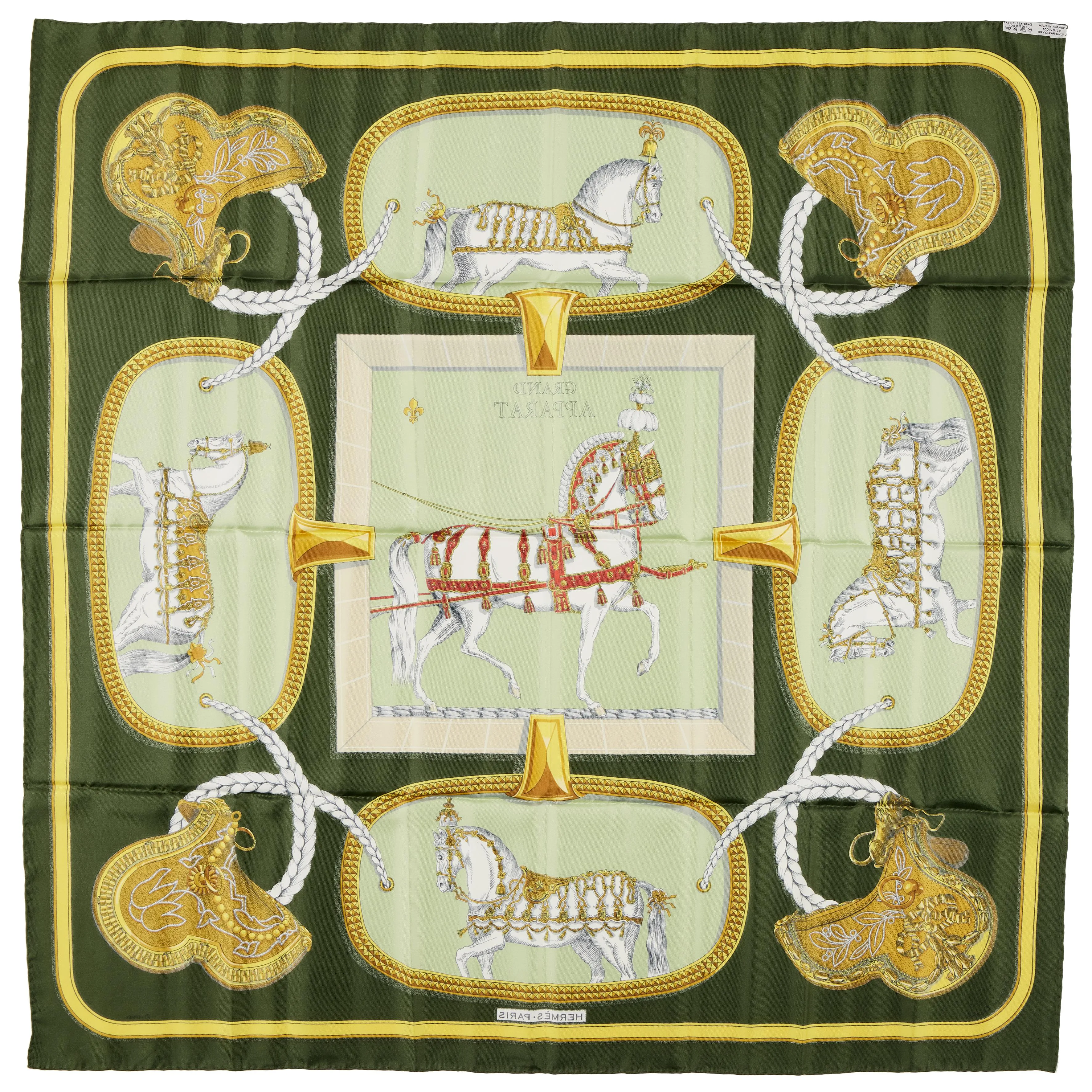 Hermès Green and Gold Grand Apparat Silk Scarf