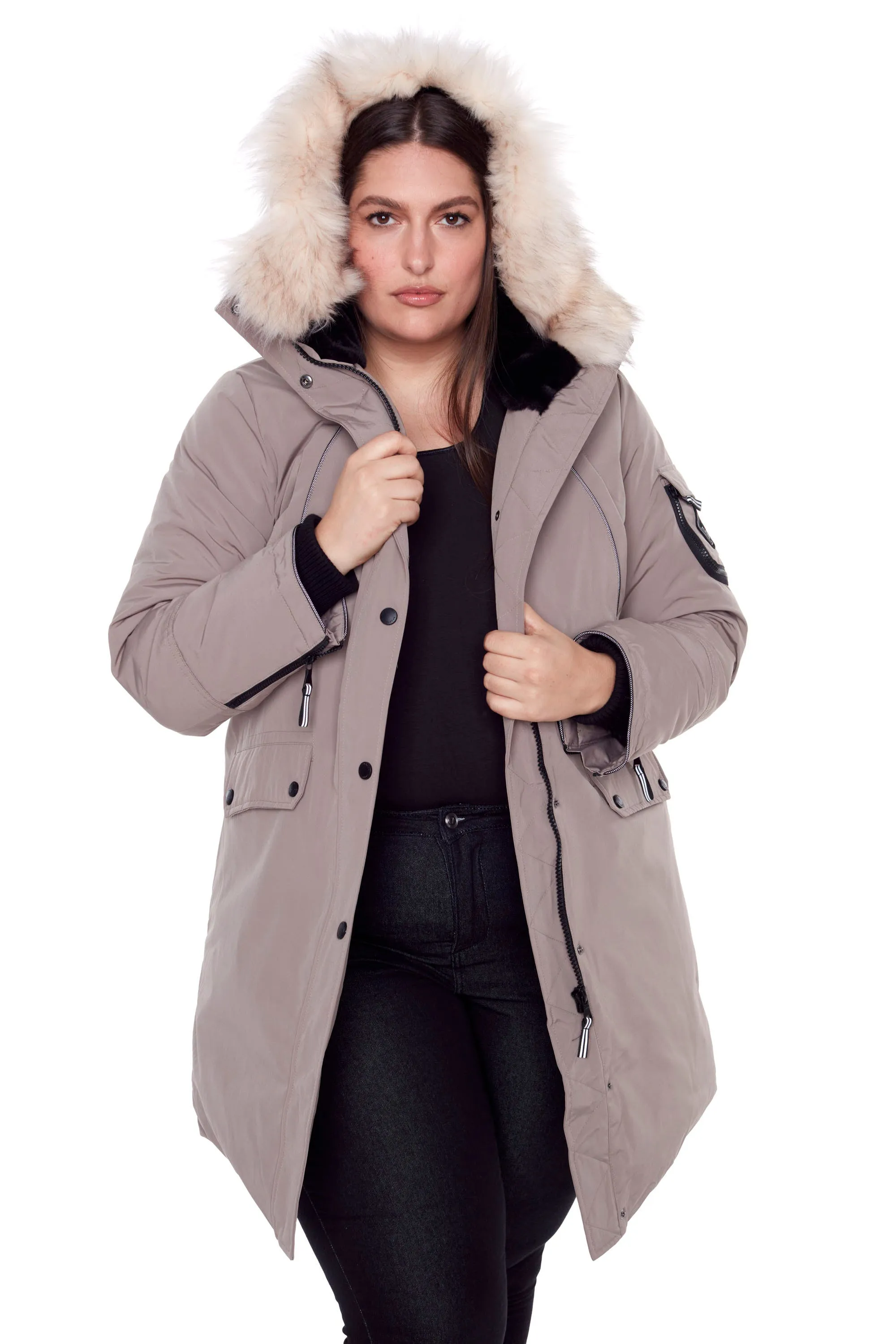 LAURENTIAN PLUS | WOMEN'S VEGAN DOWN (RECYCLED) LONG PARKA, TAUPE (PLUS SIZE)