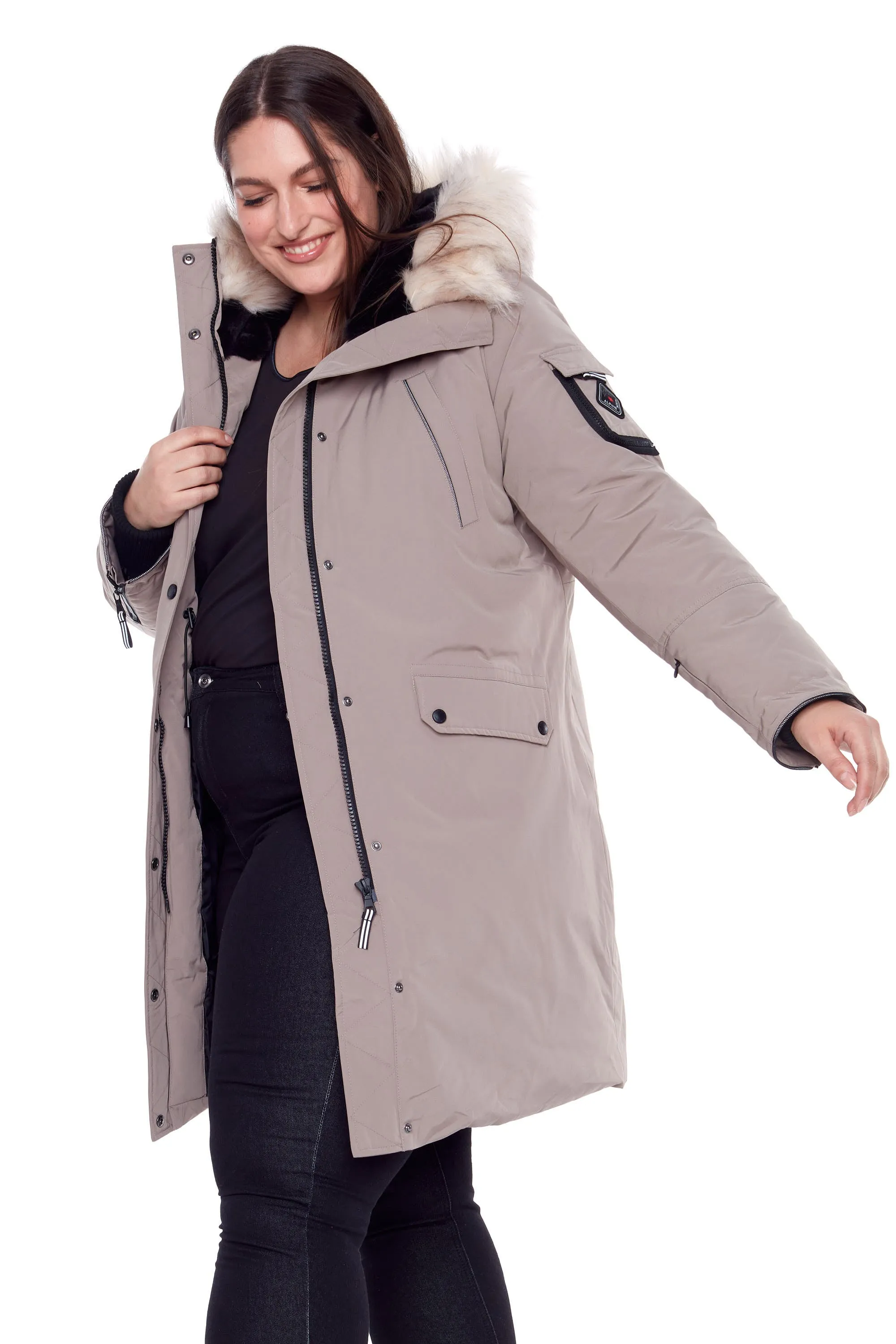 LAURENTIAN PLUS | WOMEN'S VEGAN DOWN (RECYCLED) LONG PARKA, TAUPE (PLUS SIZE)