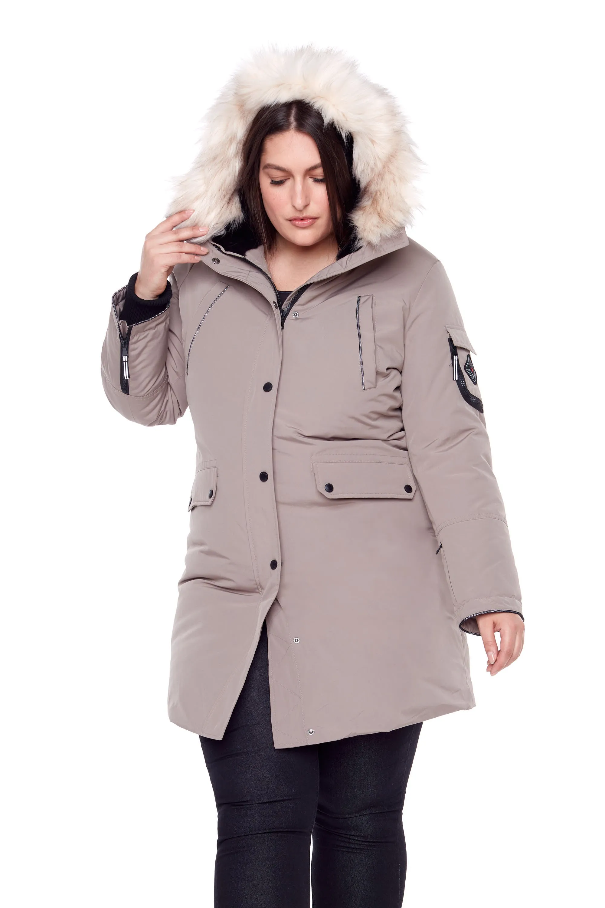 LAURENTIAN PLUS | WOMEN'S VEGAN DOWN (RECYCLED) LONG PARKA, TAUPE (PLUS SIZE)