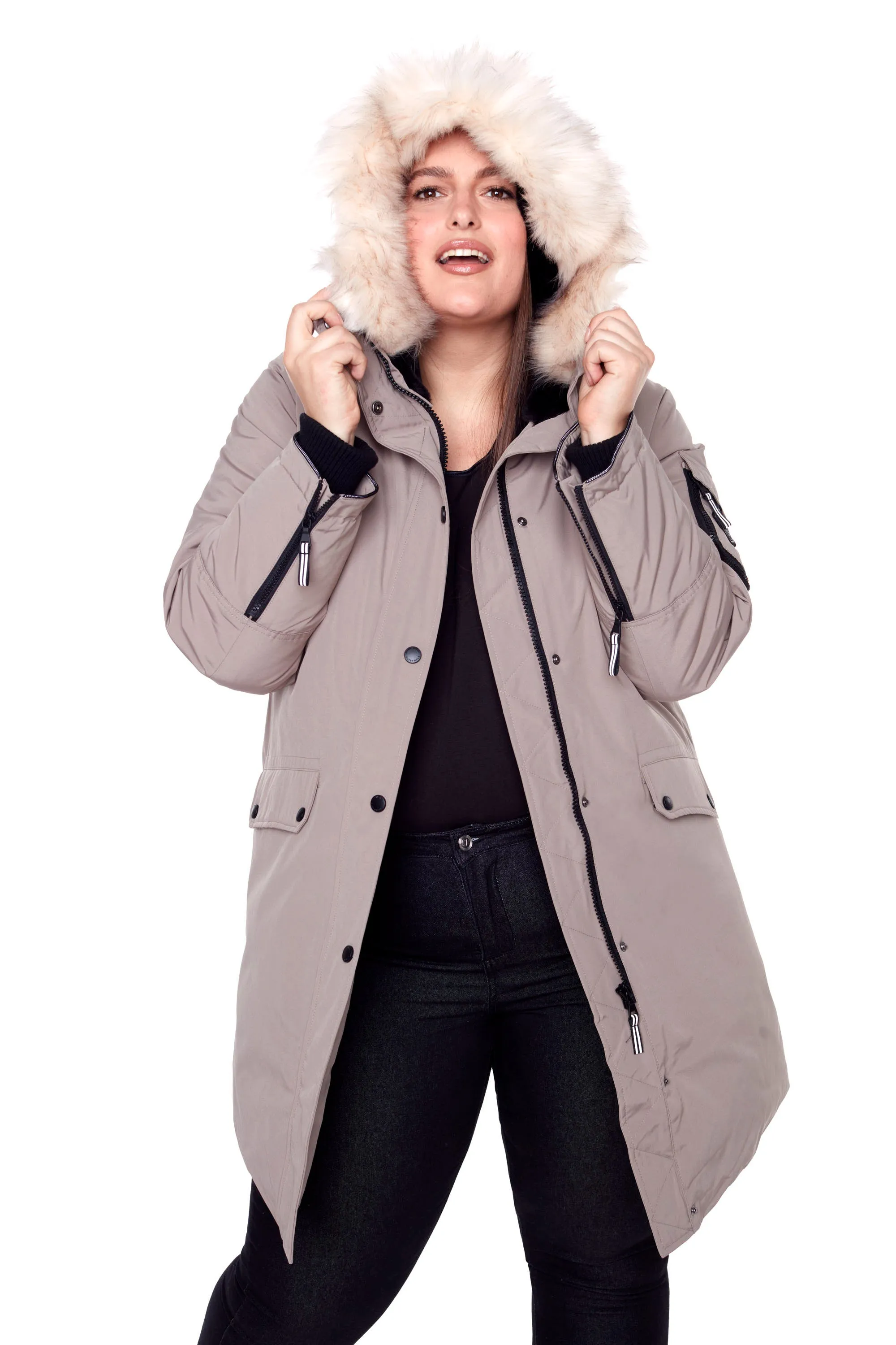 LAURENTIAN PLUS | WOMEN'S VEGAN DOWN (RECYCLED) LONG PARKA, TAUPE (PLUS SIZE)