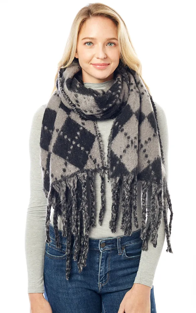 LOF1288 Argyle Pattern Soft Oblong Scarf w/Fringes