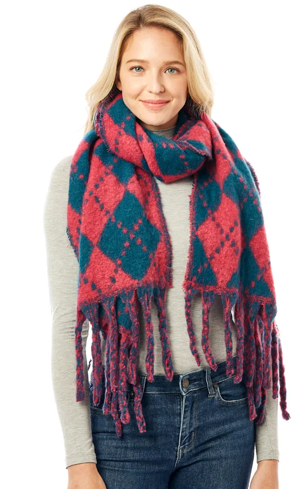 LOF1288 Argyle Pattern Soft Oblong Scarf w/Fringes