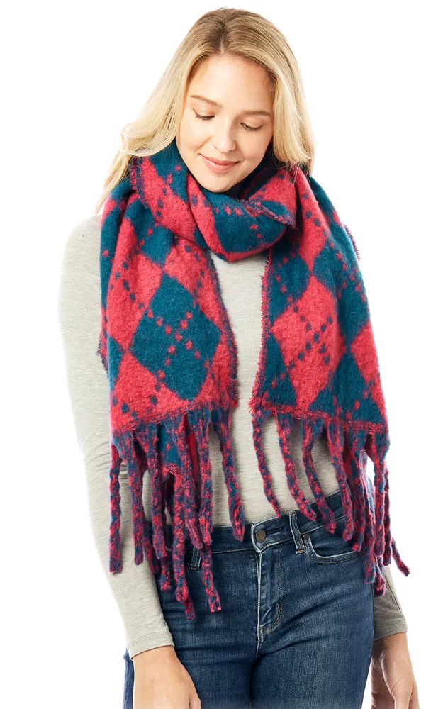 LOF1288 Argyle Pattern Soft Oblong Scarf w/Fringes