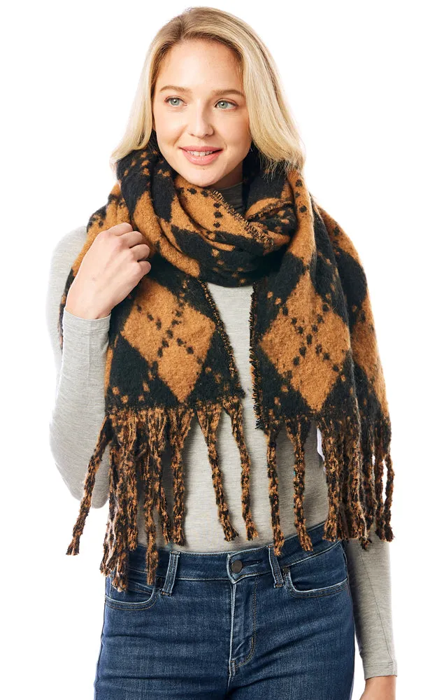 LOF1288 Argyle Pattern Soft Oblong Scarf w/Fringes