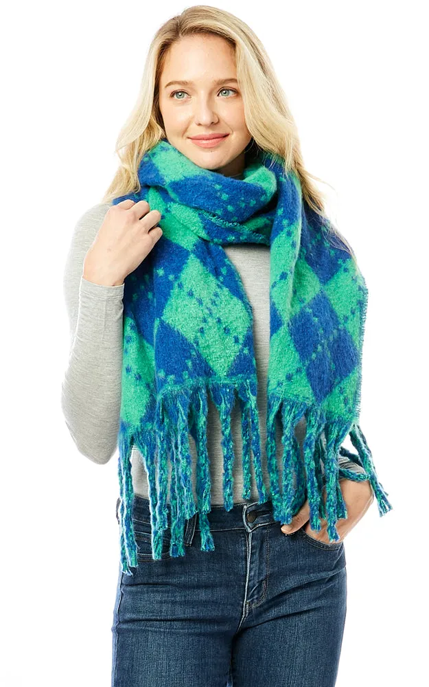 LOF1288 Argyle Pattern Soft Oblong Scarf w/Fringes