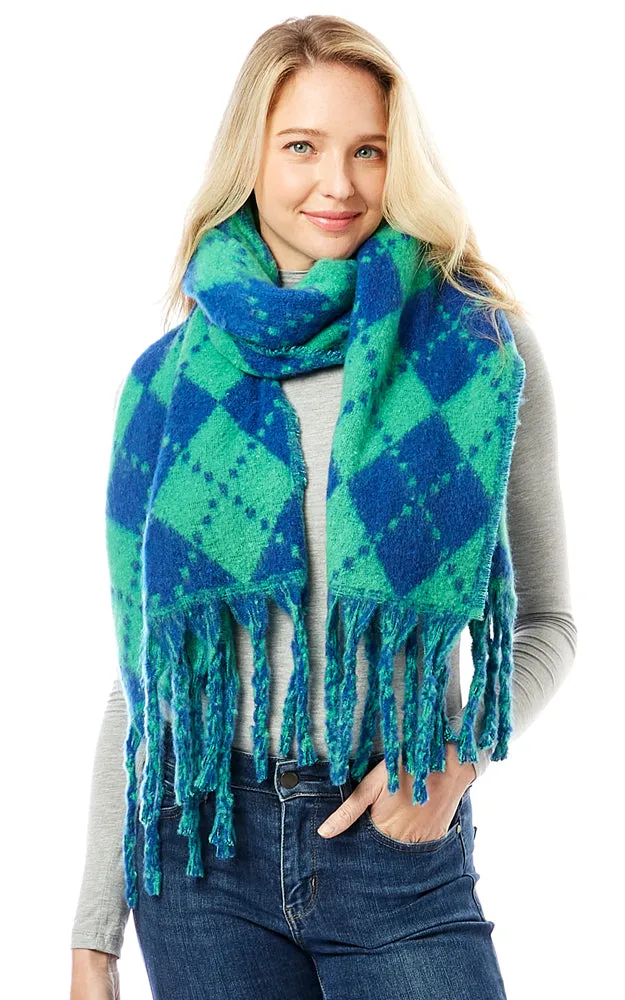 LOF1288 Argyle Pattern Soft Oblong Scarf w/Fringes