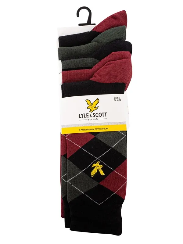 Lyle & Scott 5 Pack Harold Premium Socks - Argyle/Ruby Wine/Stripe/Climbing Ivy/Black