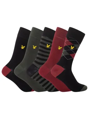 Lyle & Scott 5 Pack Harold Premium Socks - Argyle/Ruby Wine/Stripe/Climbing Ivy/Black