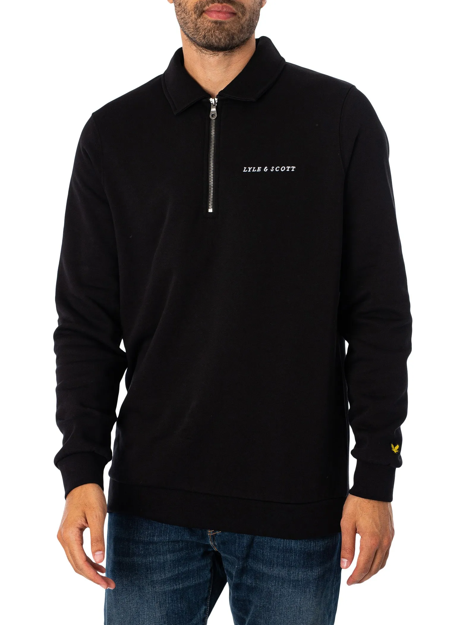 Lyle & Scott Embroidered Collared Quarter Zip Sweatshirt - Jet Black/White