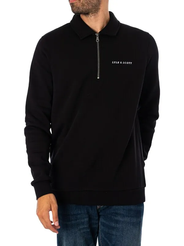 Lyle & Scott Embroidered Collared Quarter Zip Sweatshirt - Jet Black/White