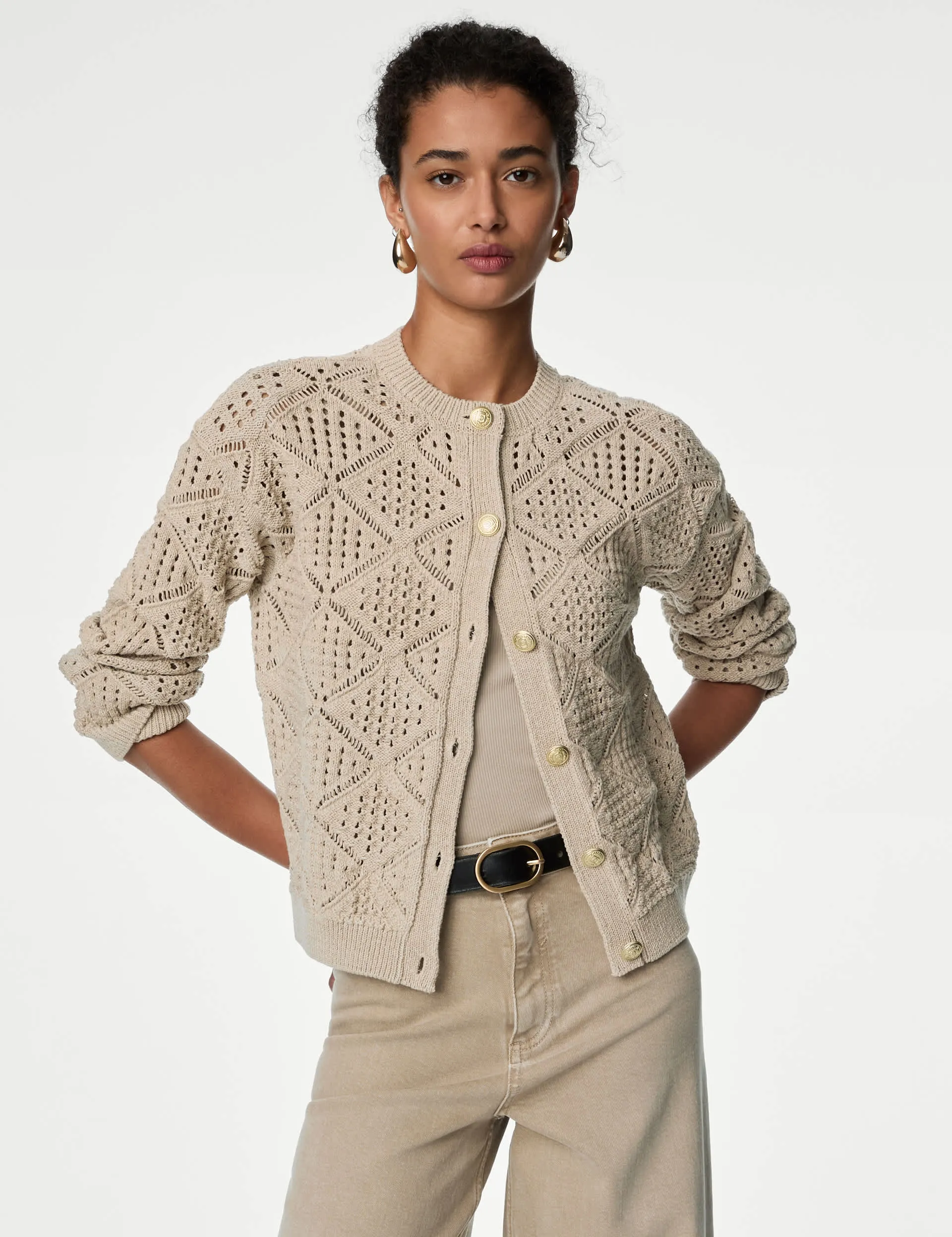 M&S Women's Pointelle Knitted Cardigan with Cotton - M - Cappuccino, Cappuccino