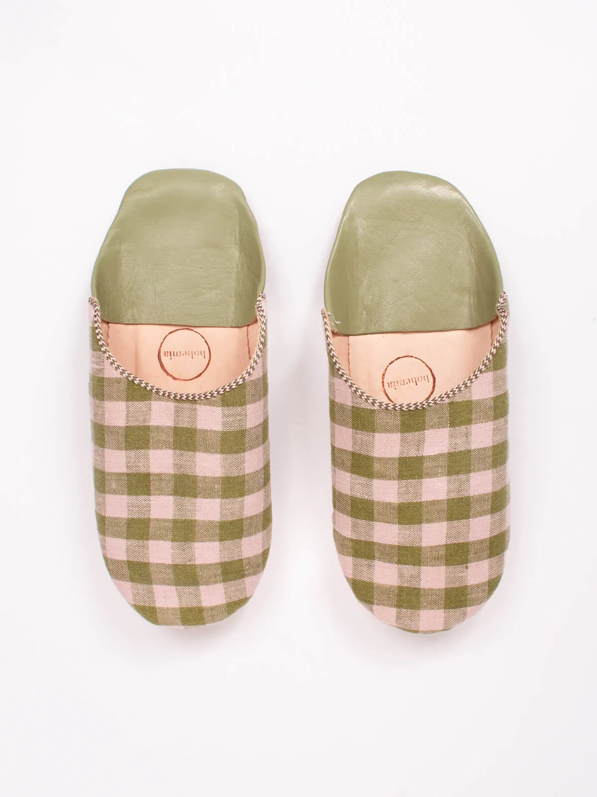 Margot Linen Babouche Slippers, Olive Check