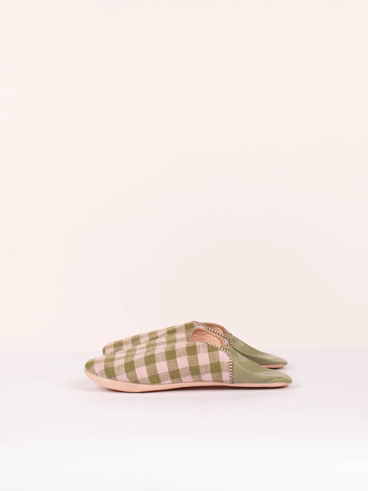 Margot Linen Babouche Slippers, Olive Check