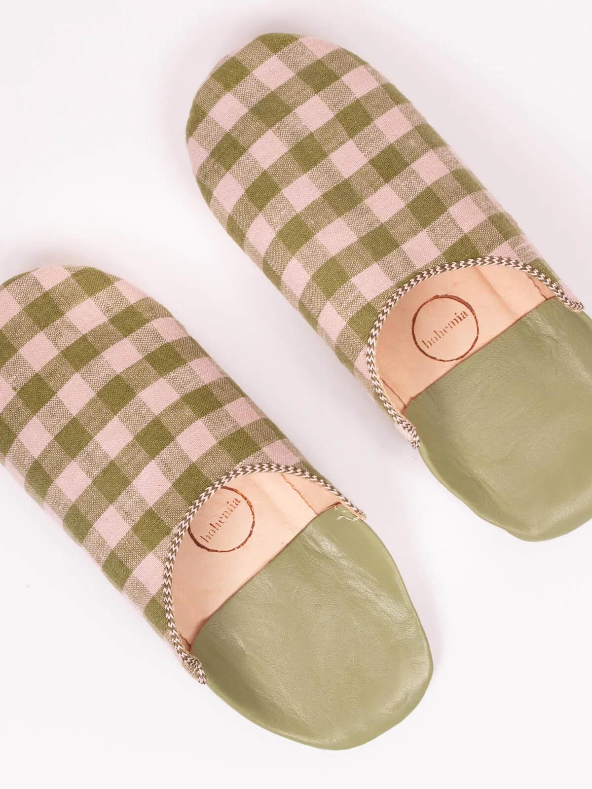 Margot Linen Babouche Slippers, Olive Check