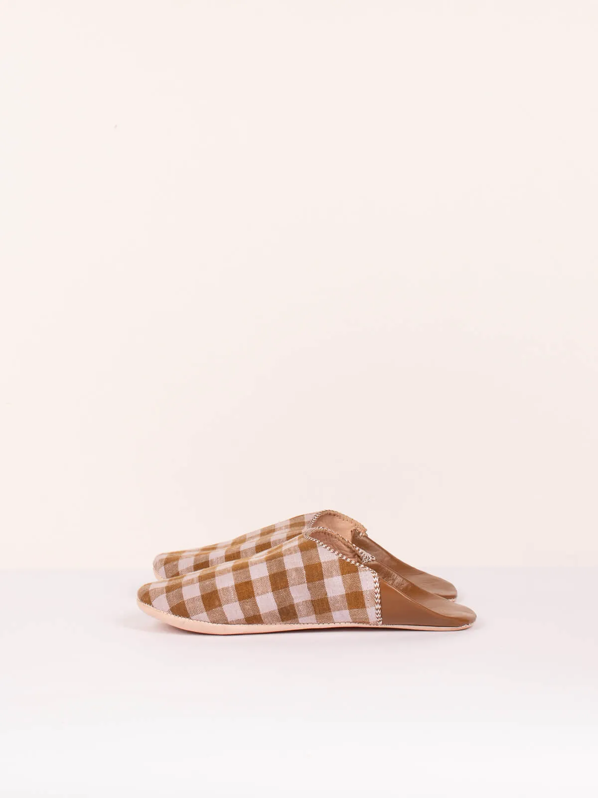 Margot Linen Babouche Slippers, Tan Check