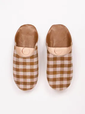 Margot Linen Babouche Slippers, Tan Check