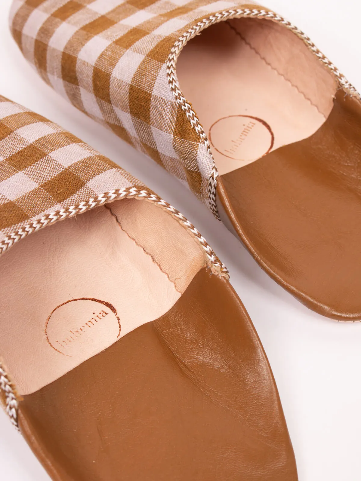 Margot Linen Babouche Slippers, Tan Check