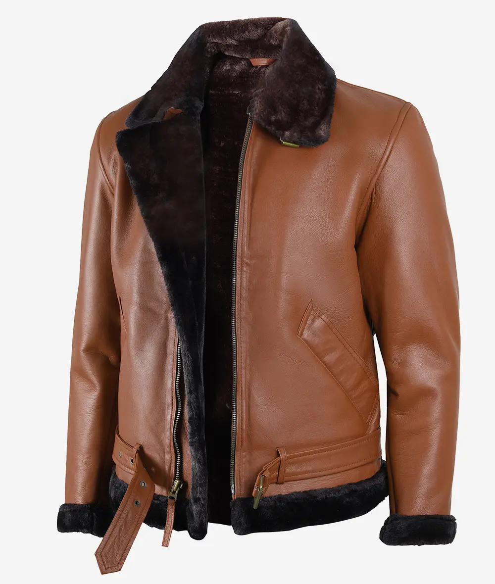 Men's Cognac Leather Shearling Bomber Jacket - Shearling collar and cuffs