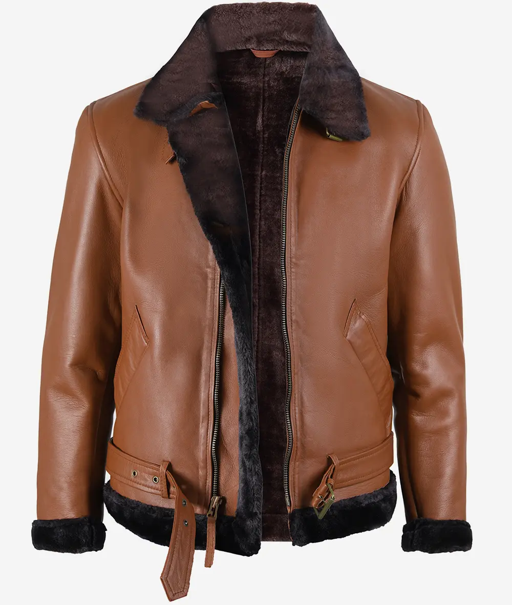 Men's Cognac Leather Shearling Bomber Jacket - Shearling collar and cuffs