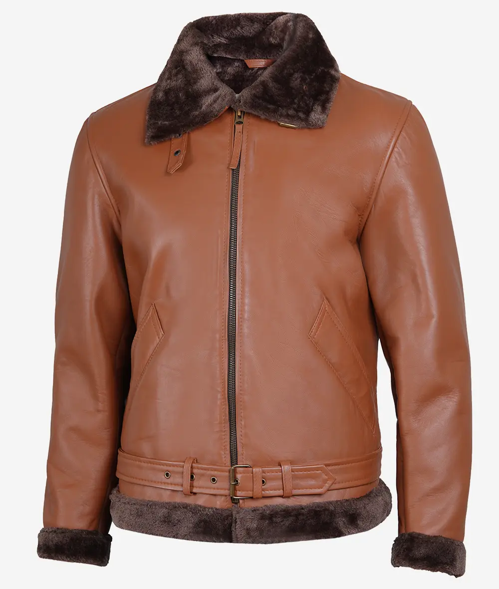 Men's Cognac Leather Shearling Bomber Jacket - Shearling collar and cuffs