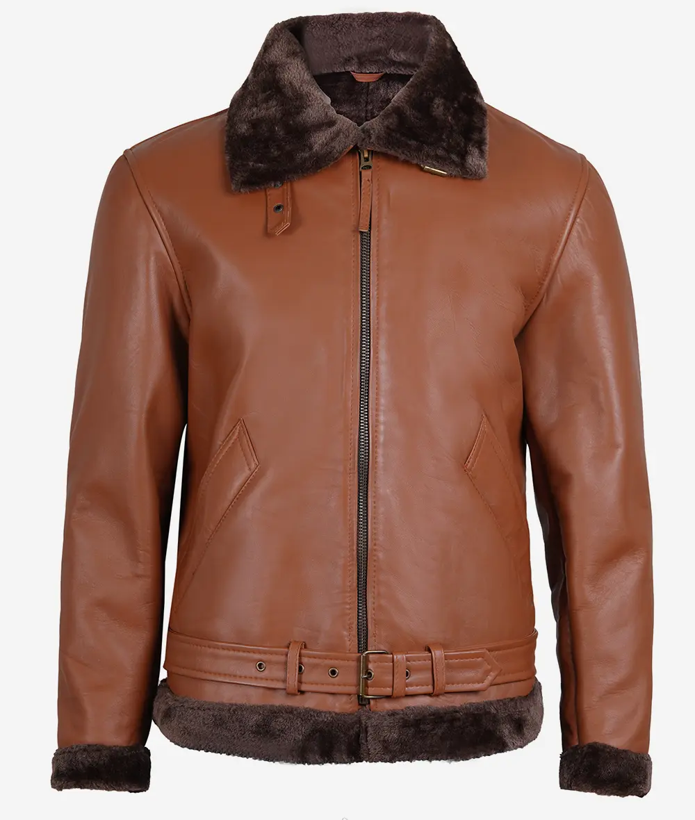 Men's Cognac Leather Shearling Bomber Jacket - Shearling collar and cuffs