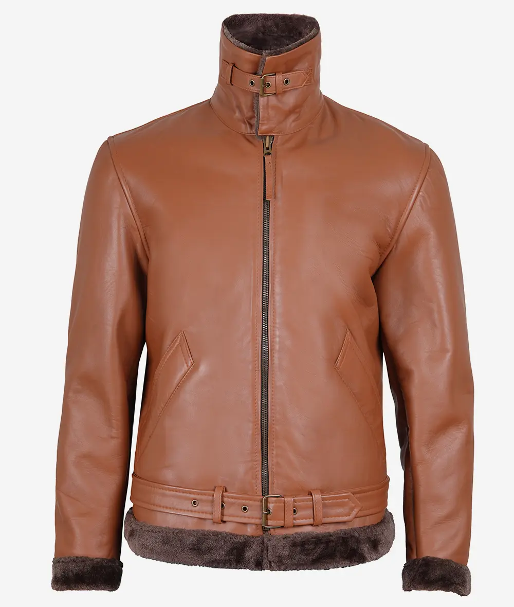 Men's Cognac Leather Shearling Bomber Jacket - Shearling collar and cuffs