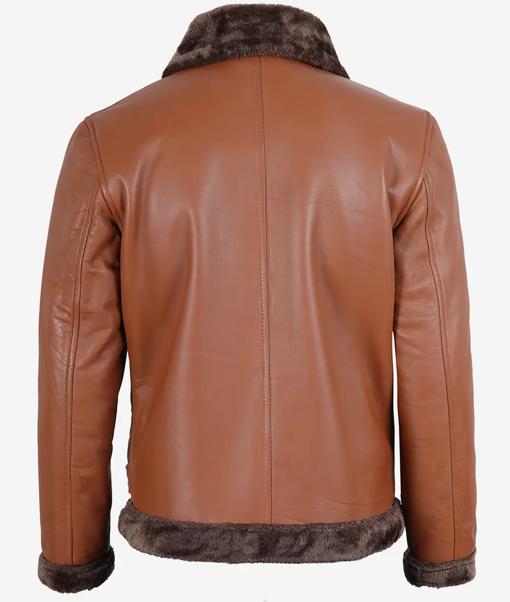 Men's Cognac Leather Shearling Bomber Jacket - Shearling collar and cuffs